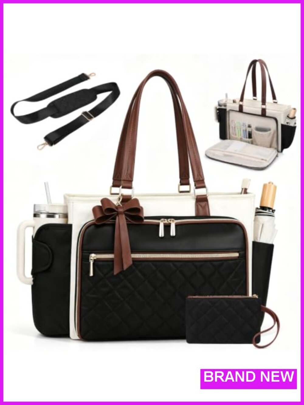 Quilted PU Leather Laptop Tote with Leakproof Cup Holder, 15.6 in Padded